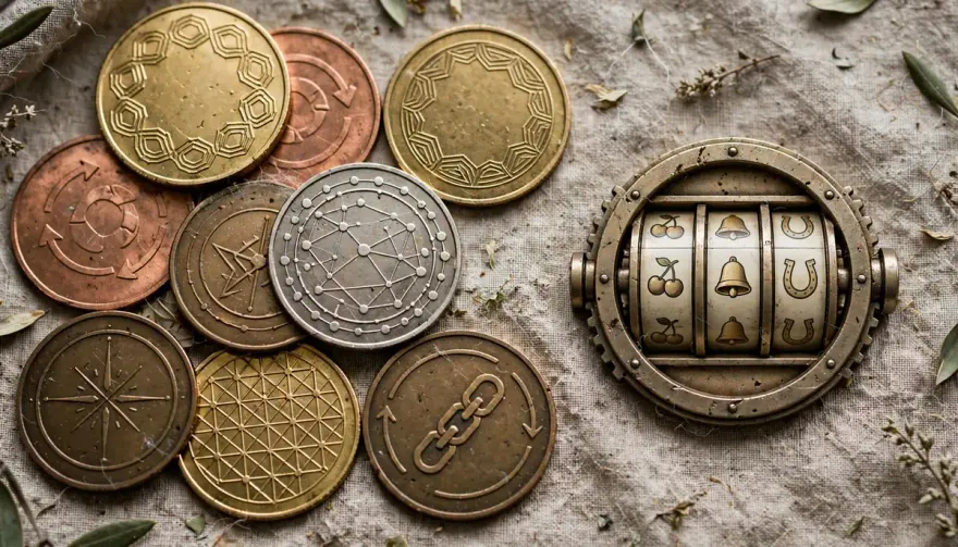 assorted altcoin casino cryptocurrency tokens beside a spinning slot machine reel icon