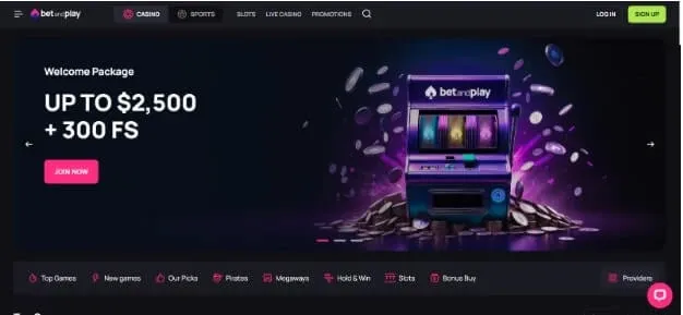 BetandPlay Casino homepage screenshot showing a welcome package up to $2,500