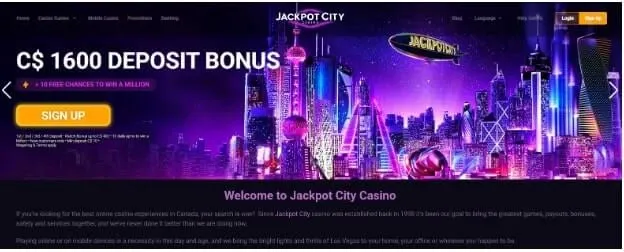 Jackpot City Casino homepage screenshot showing the C$1600 welcome deposit bonus