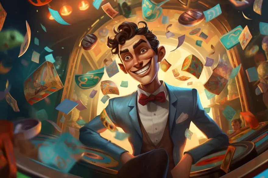 Illustrated casino host in a blue suit surrounded by flying playing cards and chips