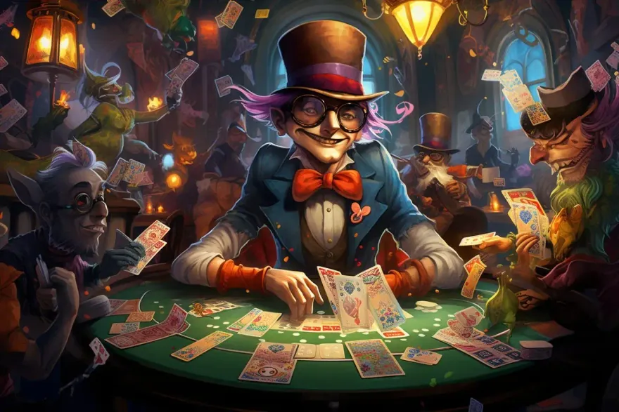 Illustrated Wonderland-style card dealer in a top hat dealing cards at a green table