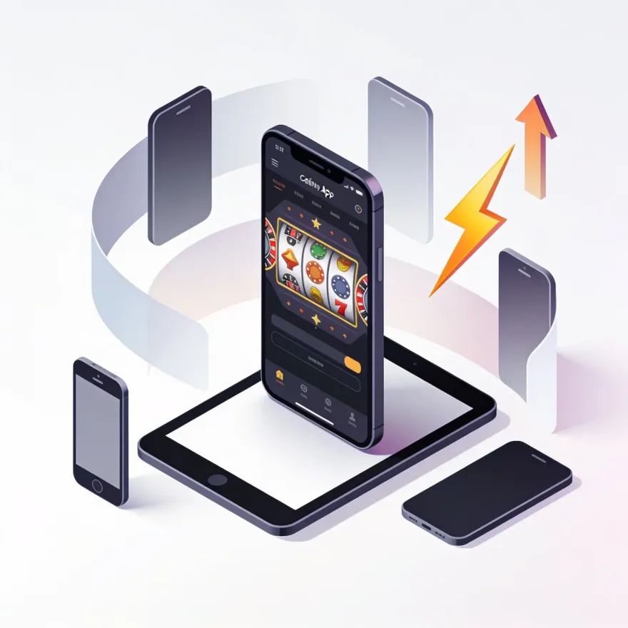 Isometric illustration of a phone and tablet running a casino app with performance icons