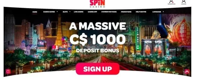 Spin Casino homepage screenshot showing a C$1000 deposit bonus banner