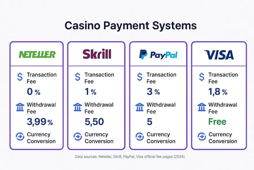 Comparison of Neteller Skrill PayPal and Visa transaction and withdrawal fees