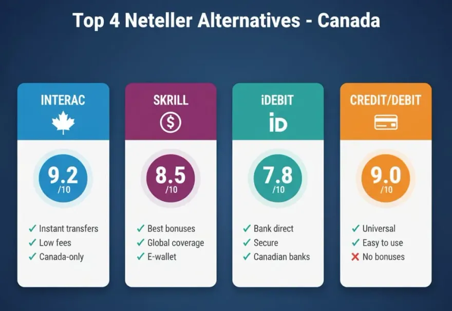 Comparison infographic ranking Interac Skrill iDebit and credit debit cards for Canadian casinos