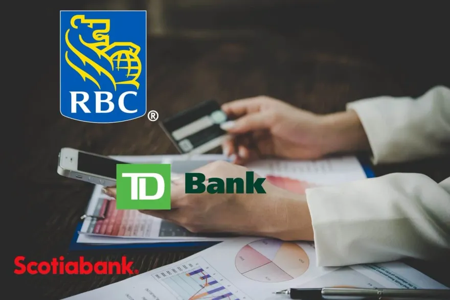 Person holding a bank card beside RBC TD Bank and Scotiabank logos