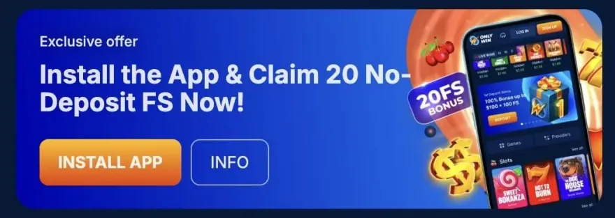 OnlyWin mobile app promo offering 20 no deposit free spins on smartphone screen