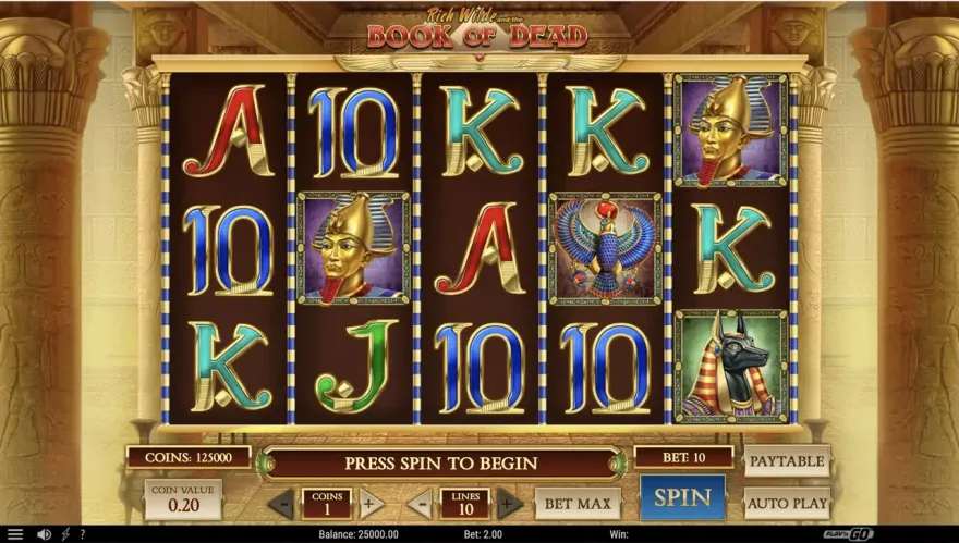 Book of Dead slot game reels showing card symbols and Egyptian pharaoh icons