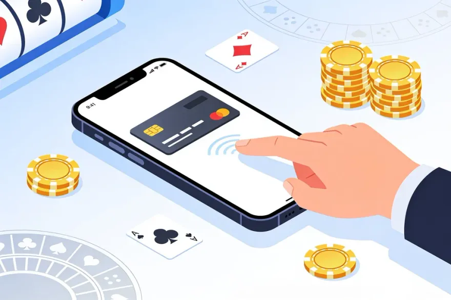 Phone with a payment card on screen, Apple Pay style casino deposit illustration