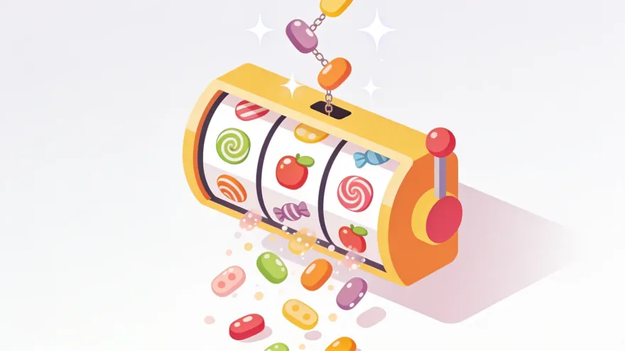 Isometric illustration of cascading candy slot symbols chaining into a win