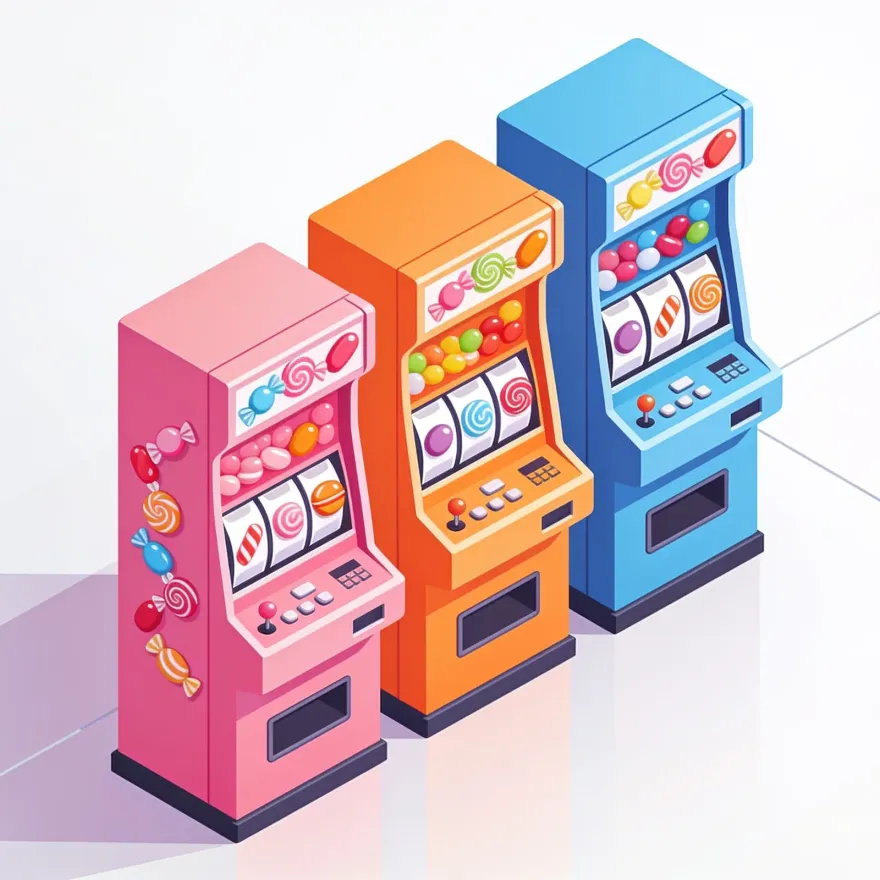 Isometric illustration of a row of candy-themed slot machines in a casino aisle