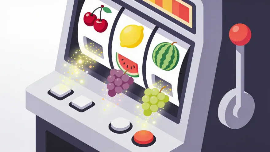 Isometric illustration of a fruit slot machine with cherries and lemons spilling from reels