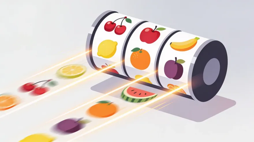 Isometric illustration of fruit slot reels with glowing paylines connecting matching symbols