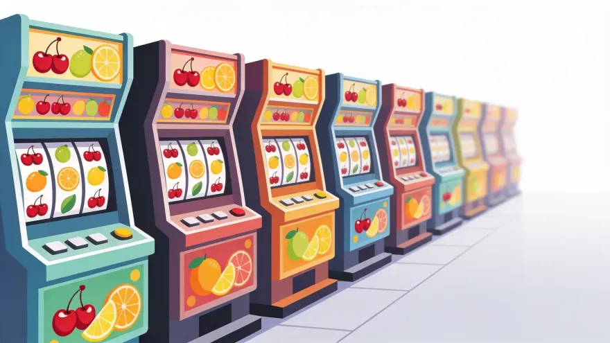 Isometric illustration of a row of fruit-themed slot machines in a casino aisle