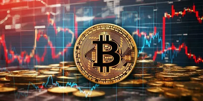 Bitcoin coin over stacked crypto coins against a market chart