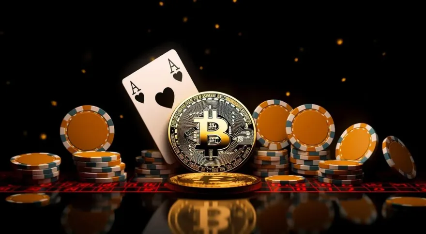 Bitcoin coin, ace of hearts card, and casino poker chips