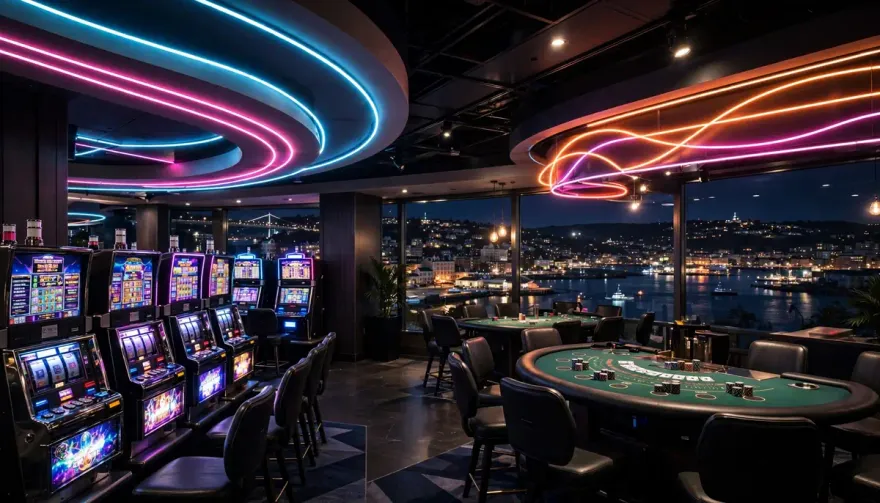 Glowing neon casino signage above gaming floor at night in Nova Scotia