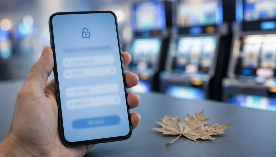 Hand holding a phone with a banking login screen and Canadian maple leaf