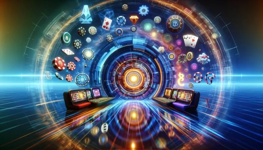 Digital illustration of slot machines and casino game icons