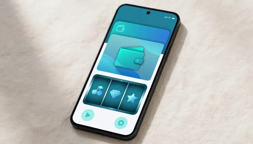 Smartphone showing the Jeton digital wallet app with casino slot icons