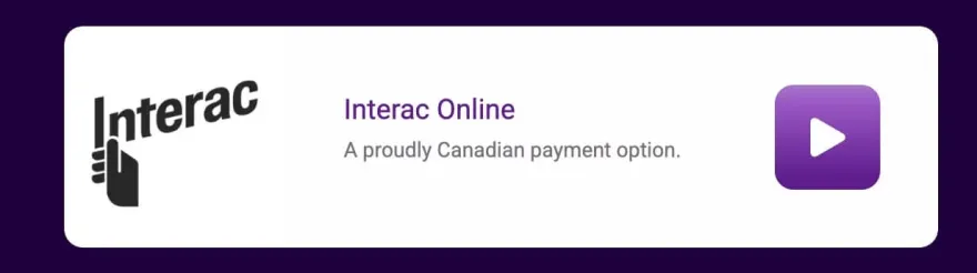 Interac Online payment method banner with purple play button icon