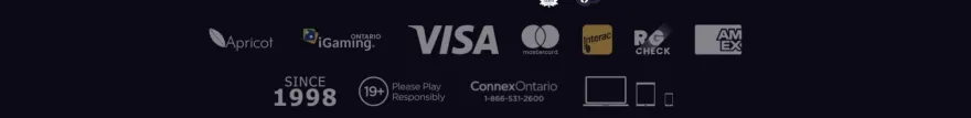Screenshot of online casino footer showing Visa Mastercard Interac and RG Check trust badges