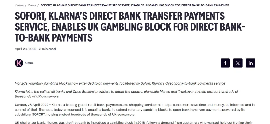 Klarna press release on Sofort's bank-side gambling block for UK customers