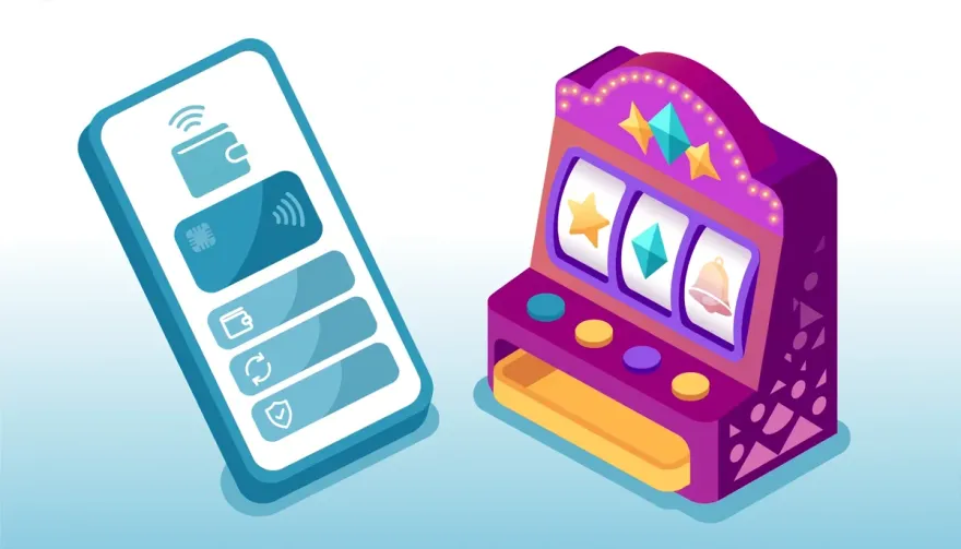 Smartphone with a digital wallet app beside a casino slot machine, representing MiFinity casino payments