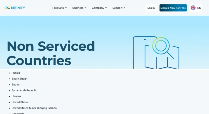 MiFinity's own Non Serviced Countries page listing the United States