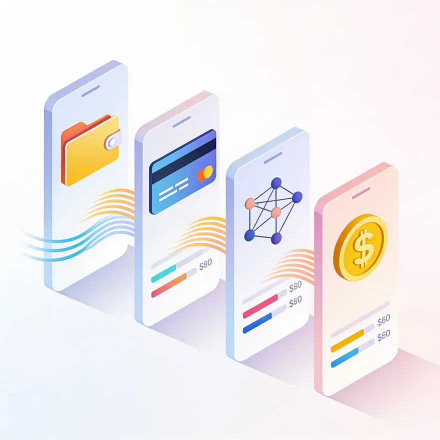 Isometric comparison of e-wallet, card, network transfer and coin payment icons on phone screens