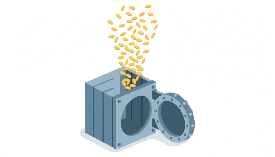 Open vault releasing coins with no ceiling, illustrating a casino with no withdrawal cap