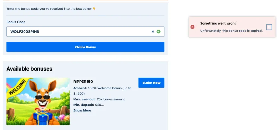 Ripper Casino bonus code cashier showing WOLF200SPINS entered and an error message: “Unfortunately, this bonus code is expired.”