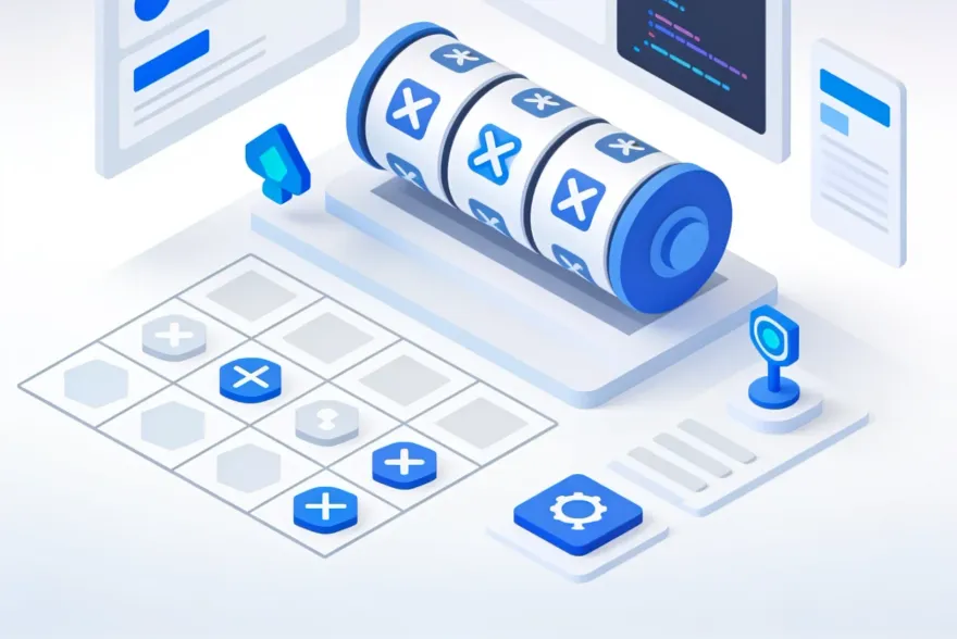 Isometric illustration of a modern casino-software studio with abstract slot-reel and interface elements