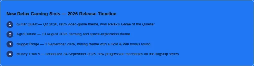 Timeline of Relax Gaming 2026 slot releases: Guitar Quest, AgroCulture, Nugget Ridge, Money Train 5