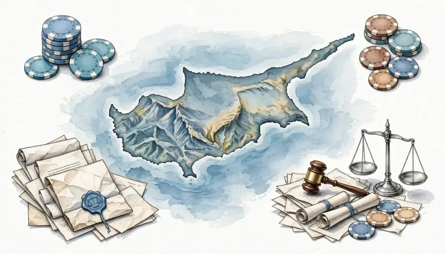 Cyprus island map with casino chips and legal document symbols representing gambling regulation