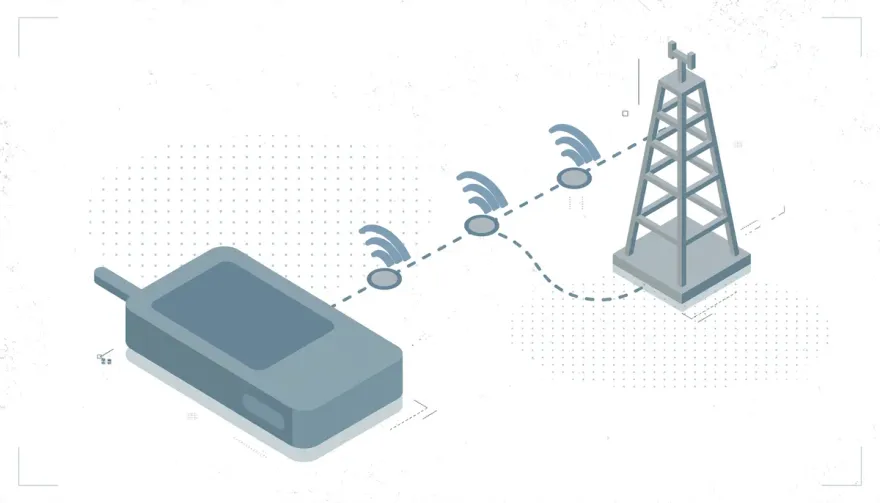 Isometric mobile phone connected to network tower showing archived legacy mobile payment method