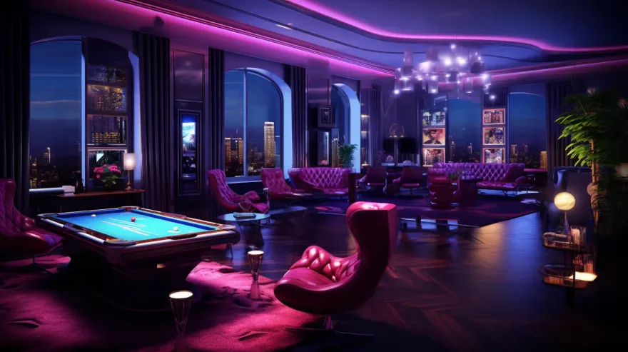 Upscale VIP casino lounge with pool table and skyline view