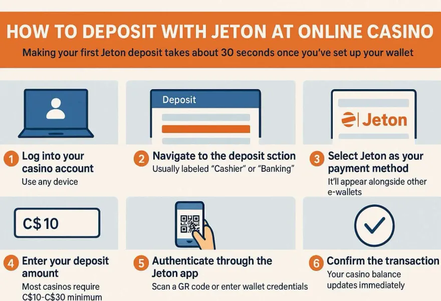 Six-step infographic showing how to deposit with Jeton at an online casino