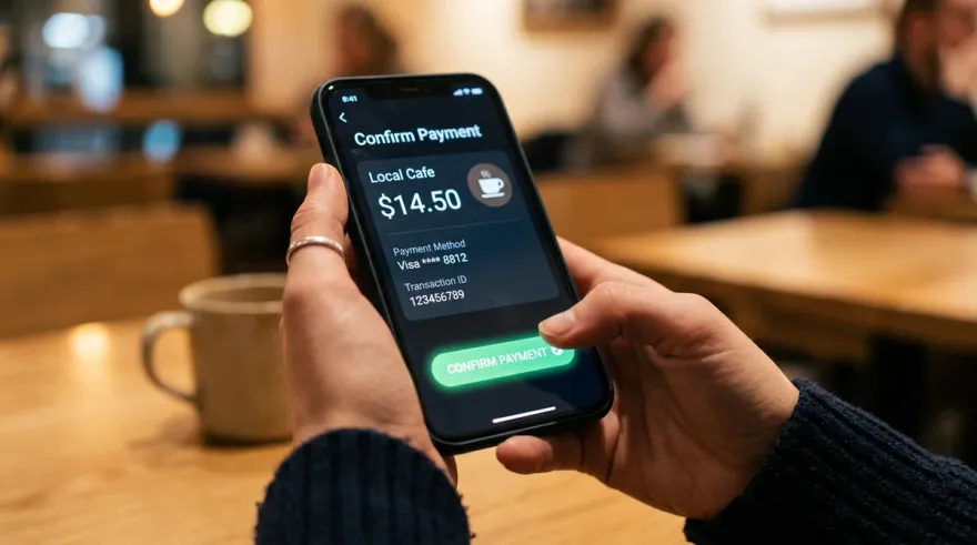 Hand holding a smartphone showing a mobile payment confirmation screen