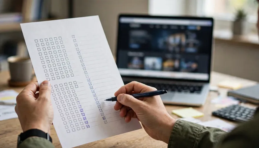 Editor scoring a casino against our review criteria beside a laptop