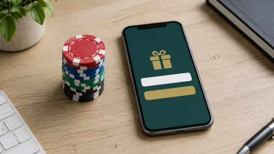 Phone showing a bonus code screen next to a stack of casino chips
