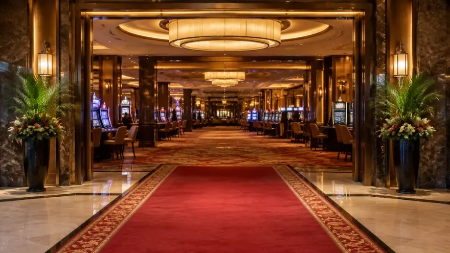 Warmly lit casino lobby entrance with a red carpet leading to the gaming floor