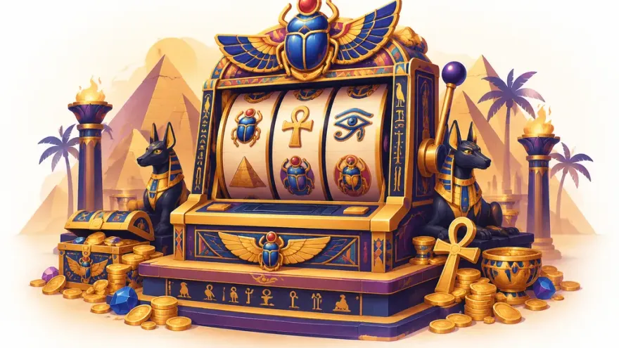 Golden Egyptian slots machine with pharaonic symbols and pyramid background