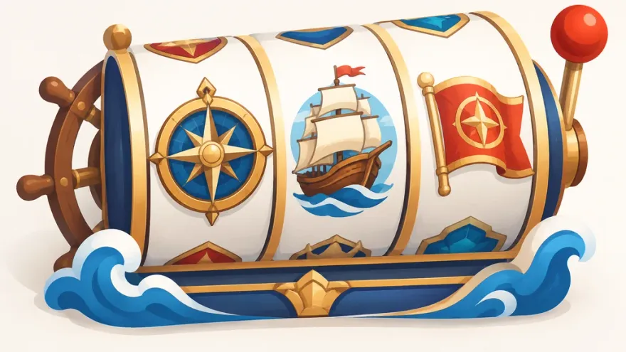 Slot machine reels showing a compass wild symbol, a ship scatter symbol and a flag multiplier for a journey-themed bonus round