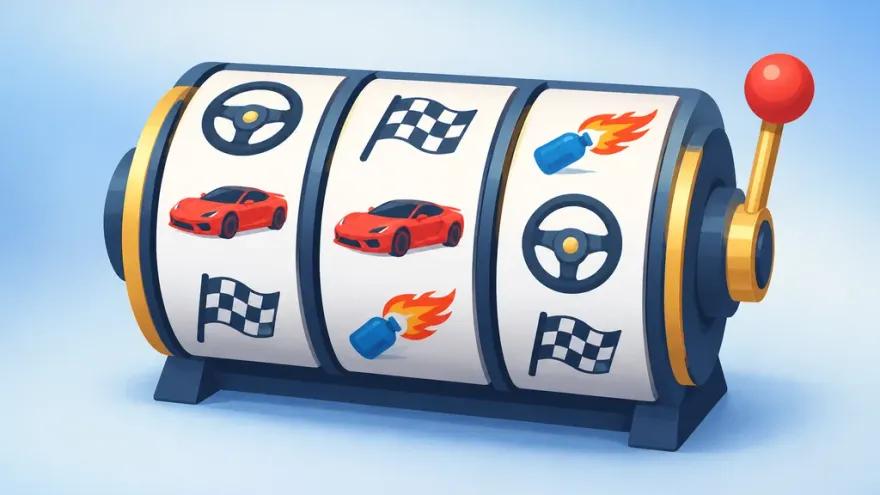 Slot machine reels showing steering wheel, sports car and checkered flag symbols