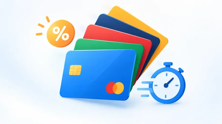 Stack of prepaid cards with fee and speed icons