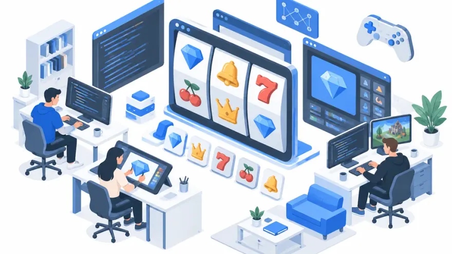 Isometric illustration of a software development platform with code panels and network nodes