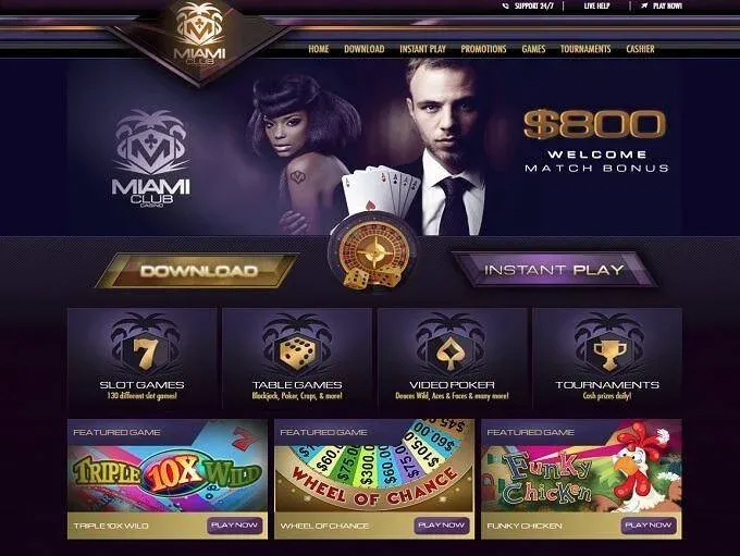 Miami Club Casino homepage with its welcome match bonus banner
