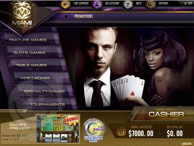 Miami Club Casino desktop game lobby with slots and table games menu