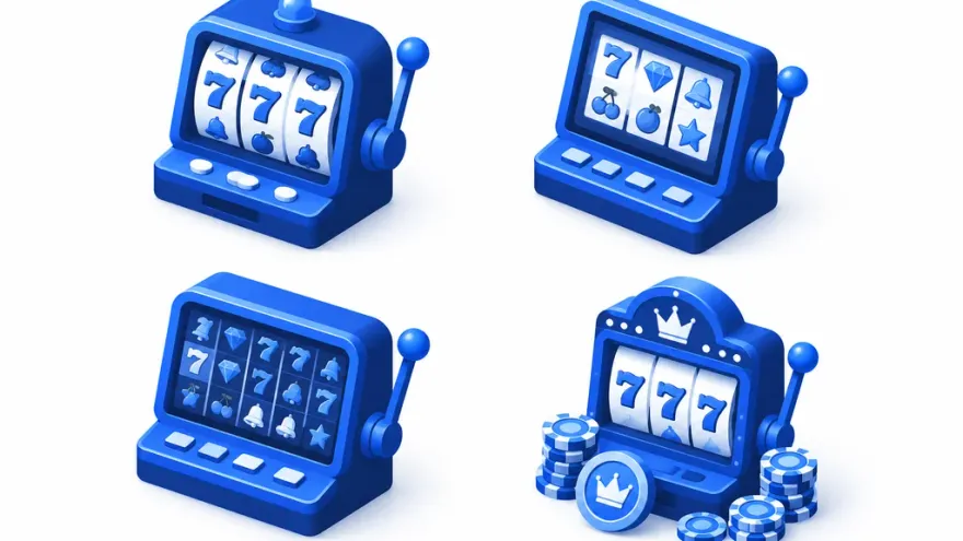 Isometric icon grid of four slot types classic 3-reel video Megaways progressive jackpot